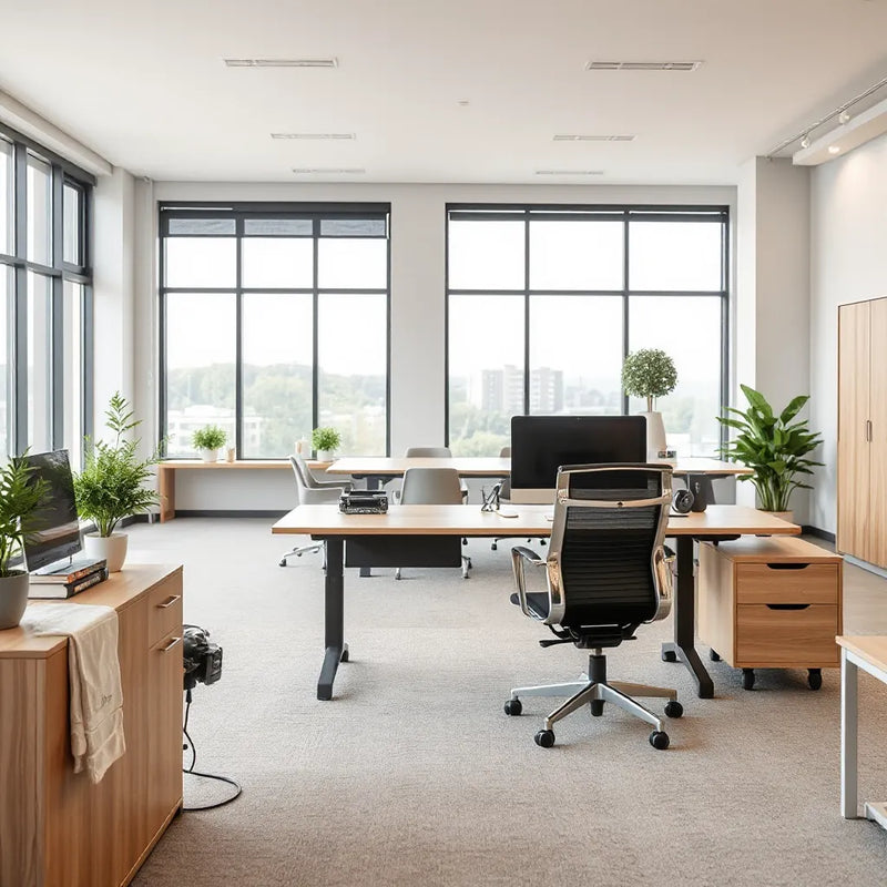 Minimalist ofis ortamında masa, ergonomik sandalye ve toplantı masası görünen mobilya koleksiyonu