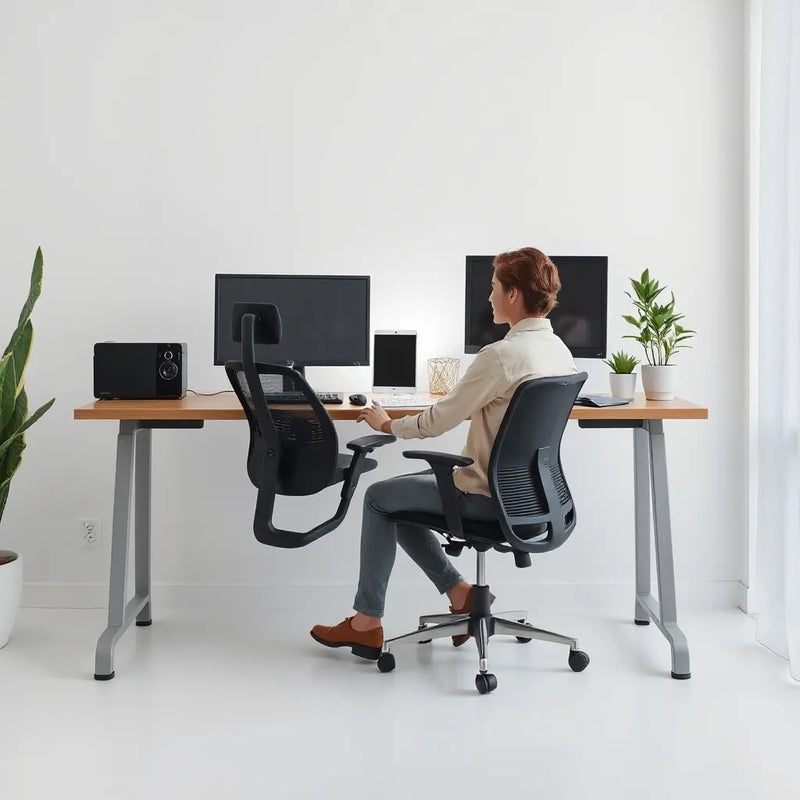 Kendine uygun ayarlanmış sandalye ve ekran hizasıyla ergonomik ofis çalışma düzeni