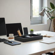 A modern office desk set with coordinated organizers and accessories in a tidy workspace