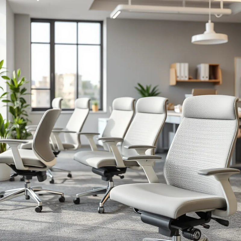 Ayarlanabilir kolları ve bel desteği görünen ergonomik ofis koltukları, modern ve sade bir çalışma ortamında