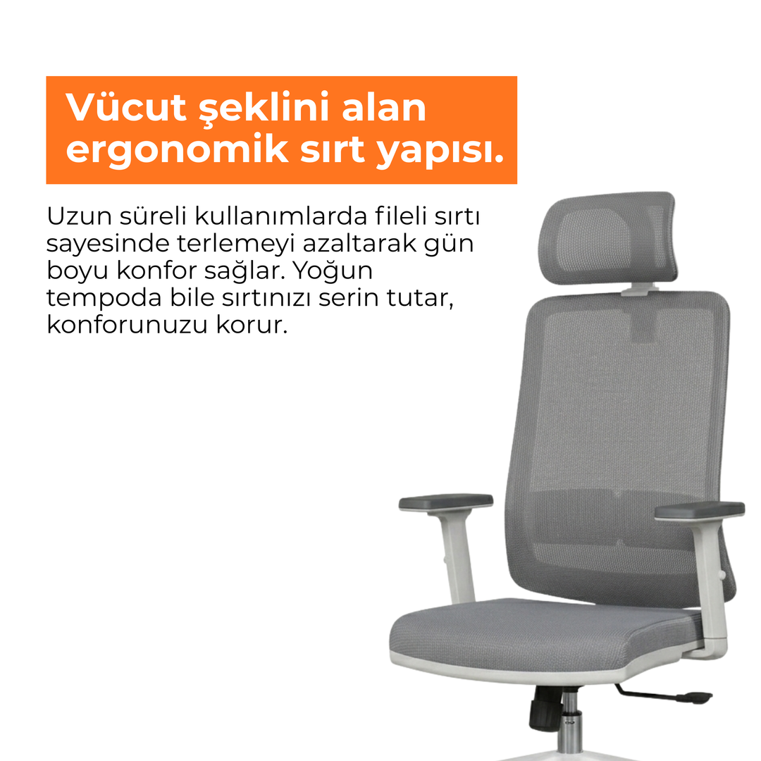 Greta Fileli Ofis Çalışma Koltuğu - Bel Destekli - Ayarlı Kol - Başlıklı