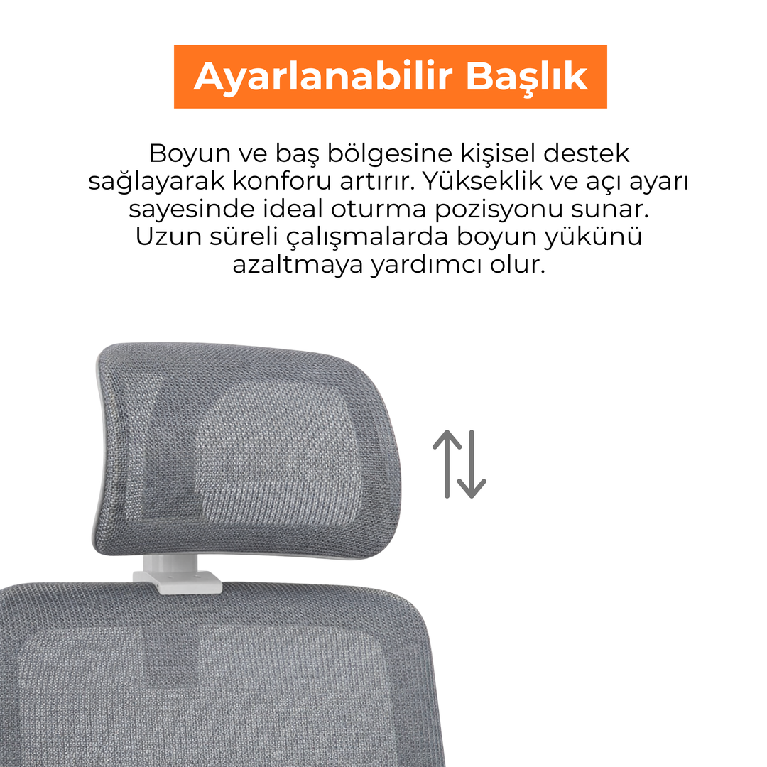 Greta Fileli Ofis Çalışma Koltuğu - Bel Destekli - Ayarlı Kol - Başlıklı